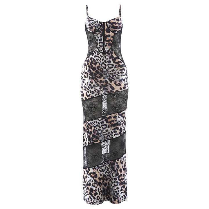 Spring Women Clothing Suspenders Leopard Print Lace Stitching Sexy See through Dress