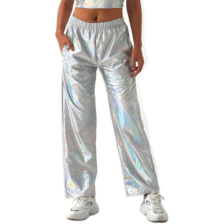 Metallic Coated Fabric Casual Pants Women High Street Design Aurora Laser Gradient High Waist Straight Pants All Matching Elastic Mop Pants