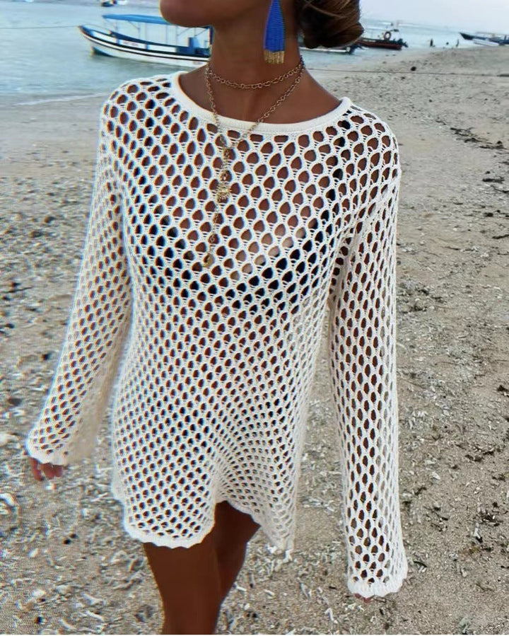 Knitted Hollow Out Cutout Sexy Sun Protection Shirt Bikini Cover-up Women Swimsuit Blouse Vacation Beach Outer Pullover