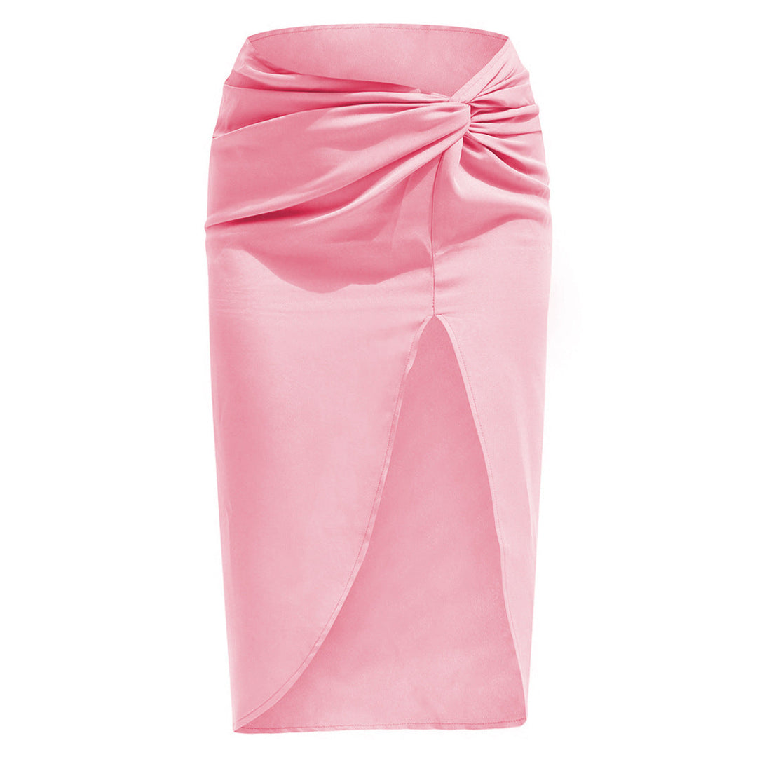 High Waist French Twist Irregular Asymmetric Skirt Sexy Solid Color Satin Split Package Hip with a Zipper Long Skirt for Women