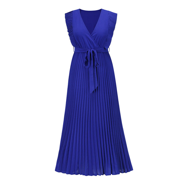 Elegant Beach Dress Fashionable Slim Fit Sexy Ruffle Sleeve Chiffon Pleated Solid Color Dress