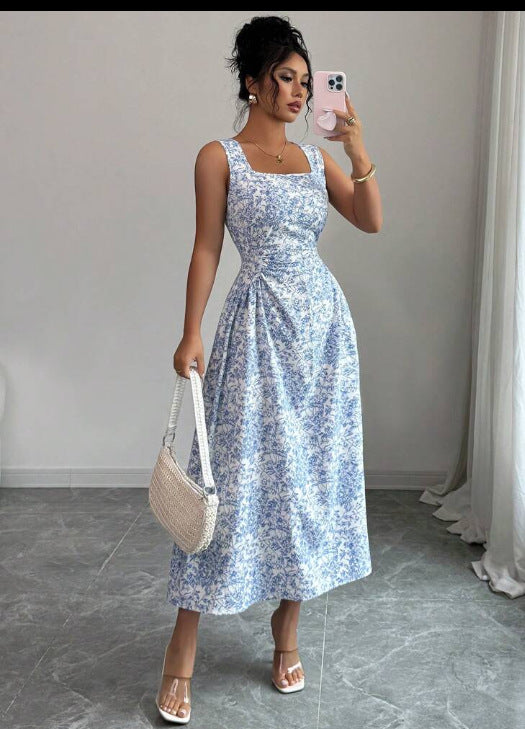 Printed Square Collar Dress Summer Slim Fit Slimming Floral Dress Women Wear