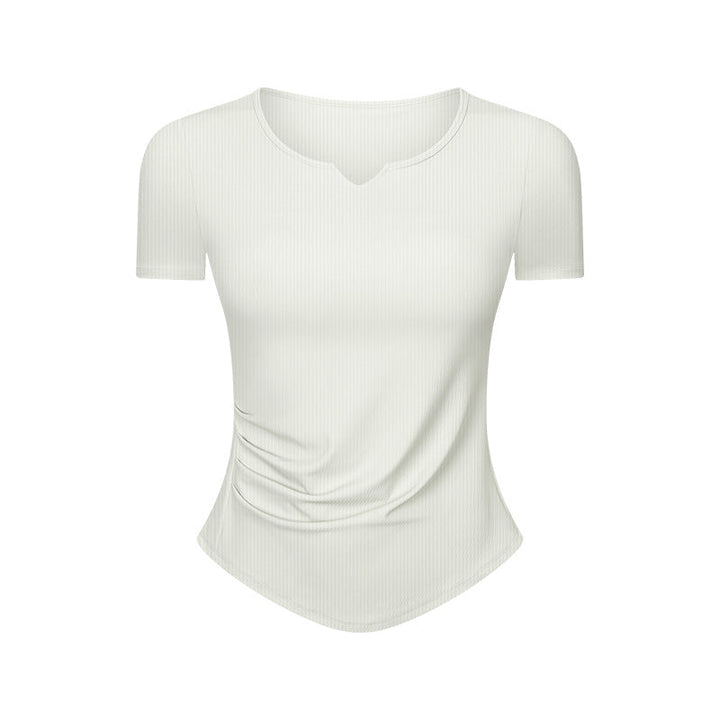 Stripe Rib Pleated Small V neck Sports Short Sleeve Women Fitness Running Slim Slimming Yoga Jacket
