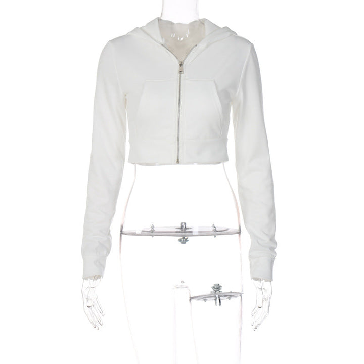 Women Clothing Winter Cardigan Zipper Hooded Slim Fit Cropped Long Sleeves Top