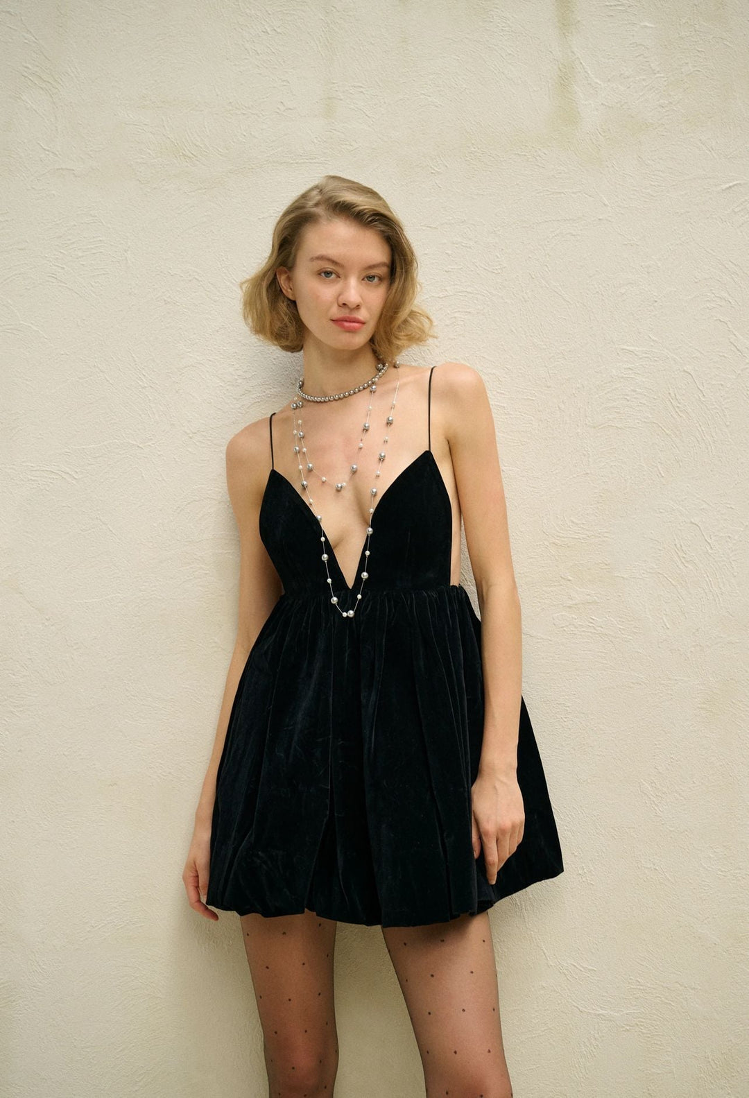 Spring Summer Elegant Velvet Sexy Suspenders Deep V Plunge High Waist Lantern Dress