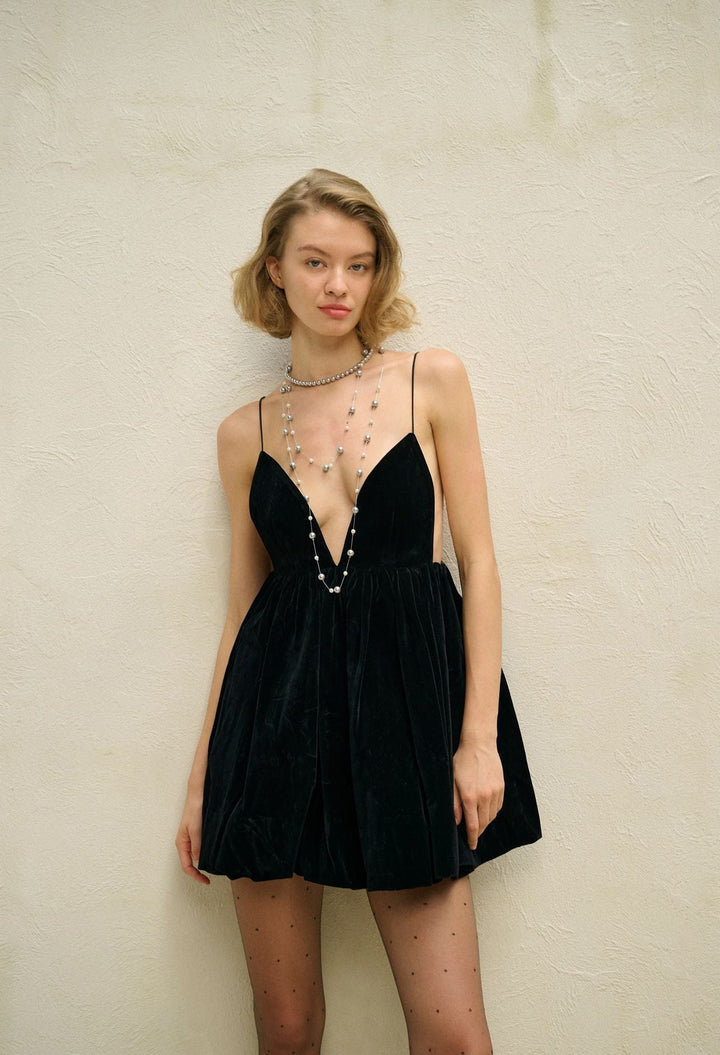 Spring Summer Elegant Velvet Sexy Suspenders Deep V Plunge High Waist Lantern Dress