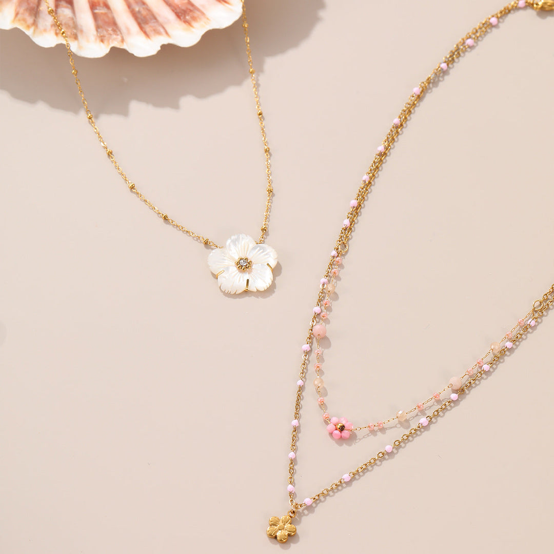 Beaded Floral Twin Stainless Steel Necklace 18K Gold Plating Non Fading Exquisite Necklace
