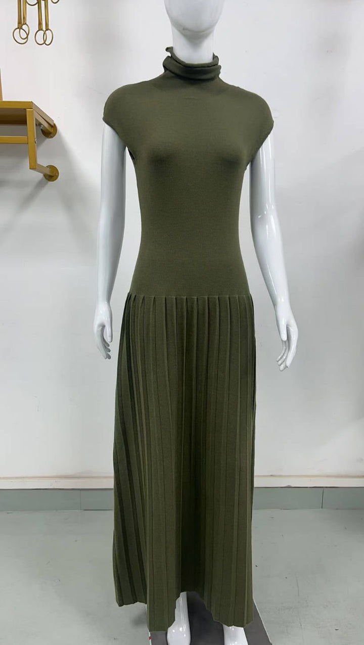 Knitted Dress Casual Waist Tight High Neck Ribbing Pleated Slim Knitted Dress Women