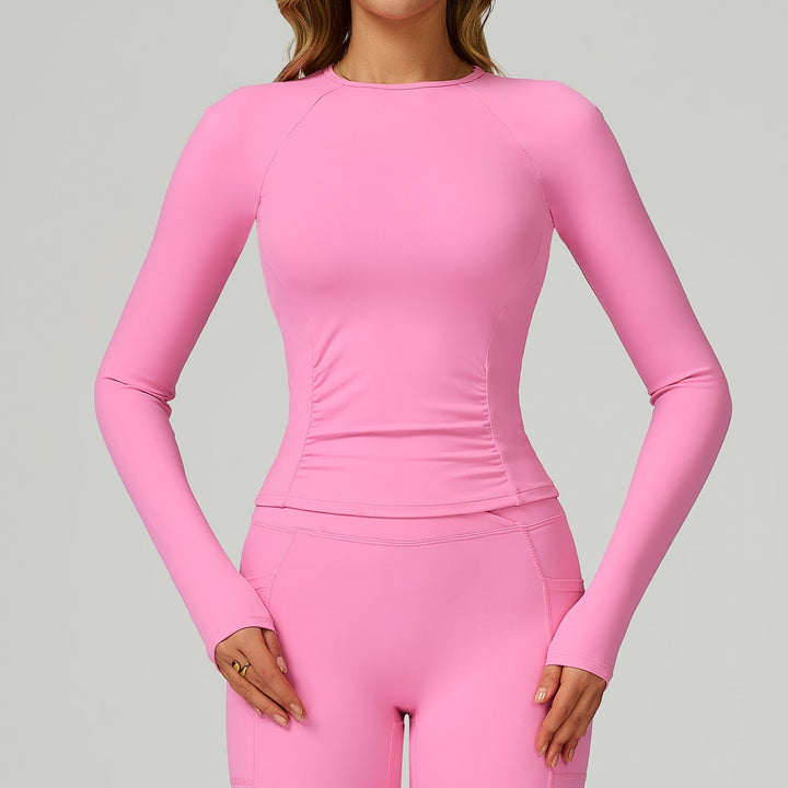 Sollinarry Nude Feel round Neck Yoga Long Sleeve Slim Fitting Belly Contracting High Sense Sports Top Outdoor Running Fitness Clothes