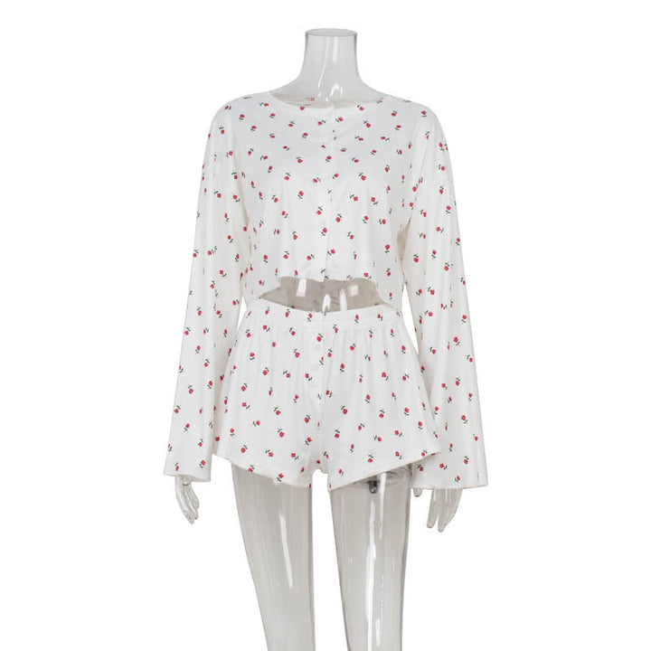 Girls Sexy Long Sleeved Cardigan Short Top Floral Wooden Ear Home Casual Suit Shorts Two Piece Sets