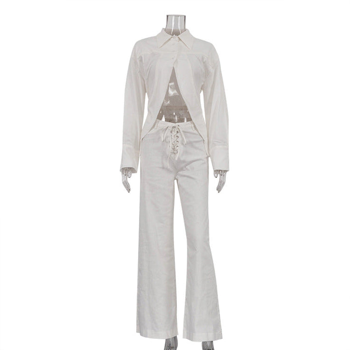 Women Collared Long Sleeves Cropped Design White Shirt Hollow Out Cutout out Tied Wide Leg Pants Two Piece Set