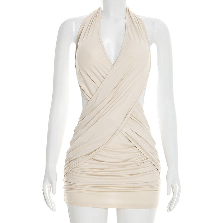 Women Clothing Summer Solid Color Casual Slim Cross Tied Neck Sleeveless Mini Short Dress