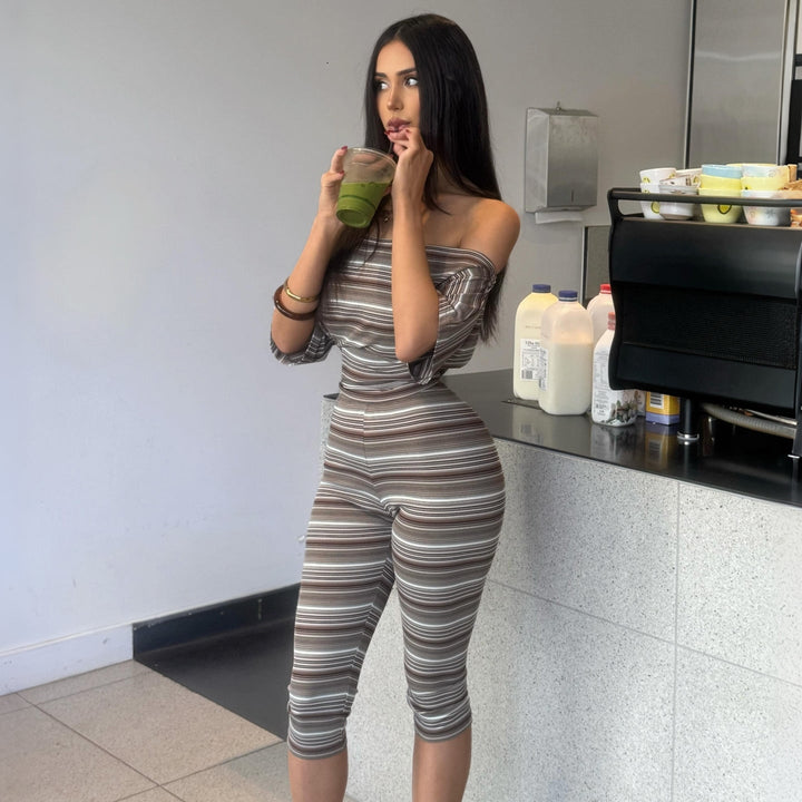 Summer Women Striped Sexy Tube Top off Shoulder Short Sleeve Skinny Knee Length Pants Set