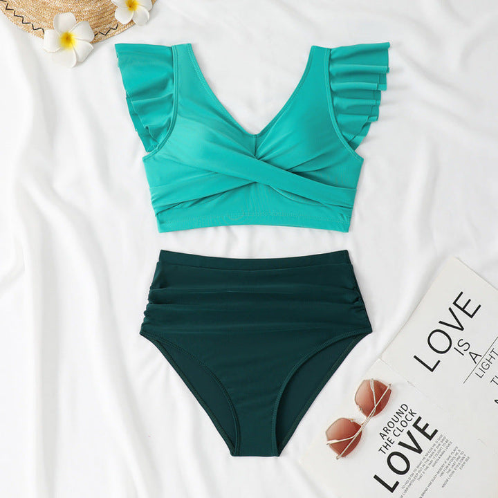 Split Swimsuit Slim Fit V Collar Contrast Color Ruffled Stitching Women Swimsuit Bikini
