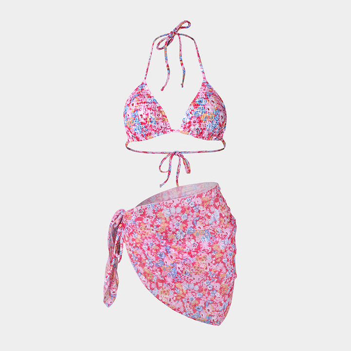 Printed Bikini Three Piece Gauze Skirt Split Sexy Vacation Bikini Swimsuit