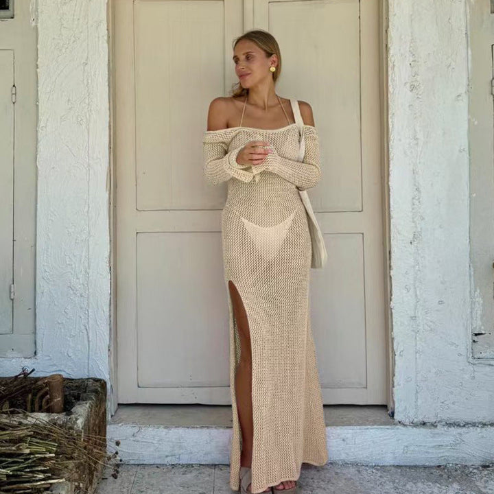 Solid Color Idle Beach Dress Loose Bare Back Side Slit Hollow Out Cutout Knitted Dress for Women