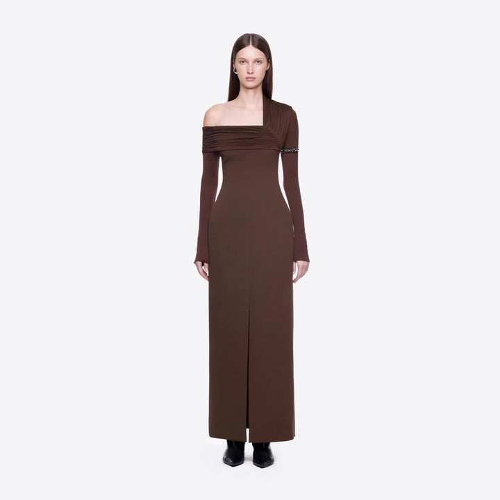 Spring Dark Brown One Shoulder Dress Pleated High Slit Maxi Dress the Dinner Party Host