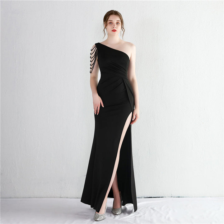 Satin Beaded Long One Shoulder Debutante Gala Dinner Slim Fit Fishtail Dress Wedding Car Model Exhibition Dress