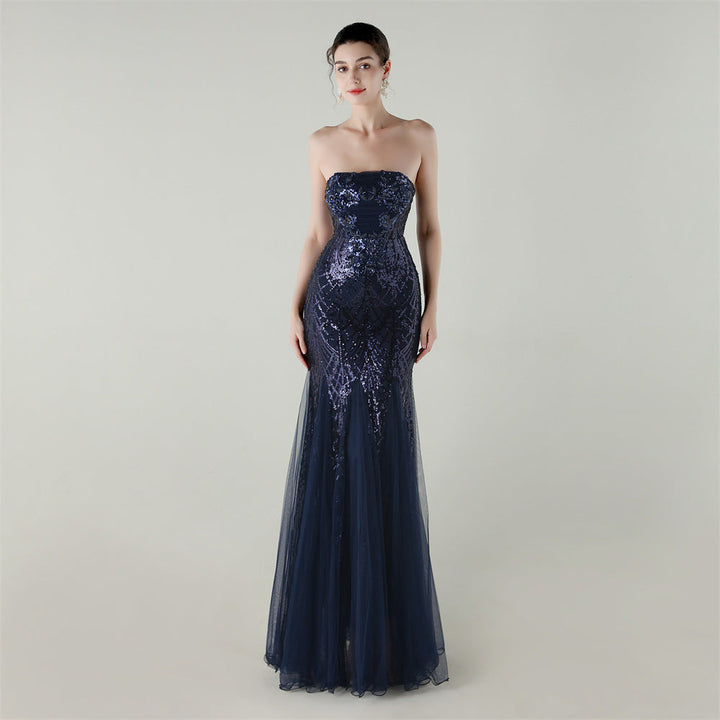 Tube Top Cross Strap Beaded Tube Floral Sequin Mesh Evening Dress Cocktail Wedding Social Elegant Clothing
