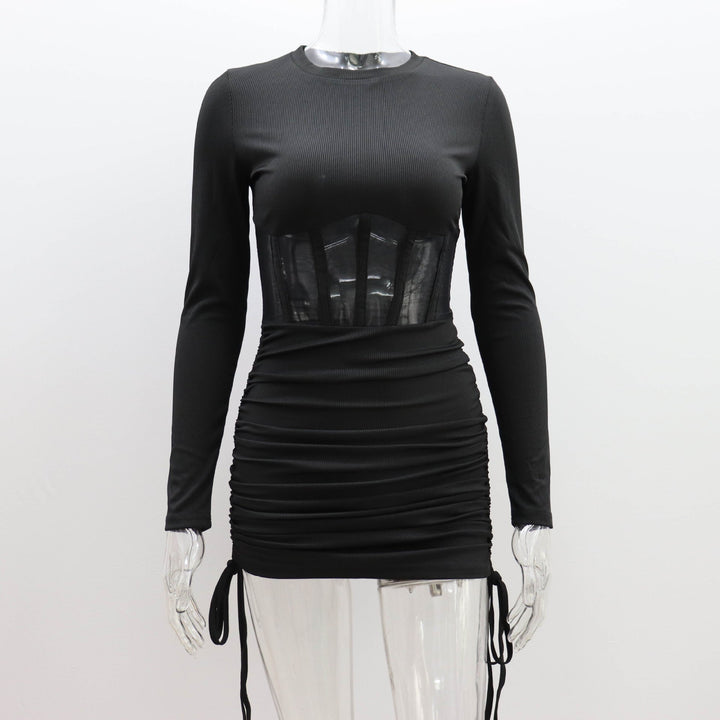Mesh Hollow Out Cutout Waist Dress for Women Spring Summer Women Wear round Neck Sexy Long Sleeve Pleating Short Dress for Women
