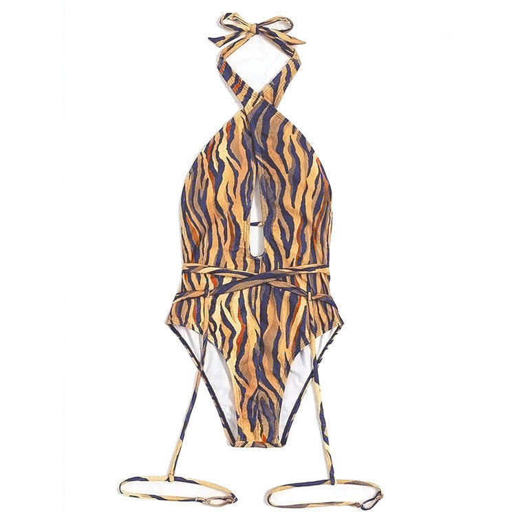 Swimwear Women Bandage Leg Travel Swimsuit Sexy Tiger Stripe Pattern Bikini