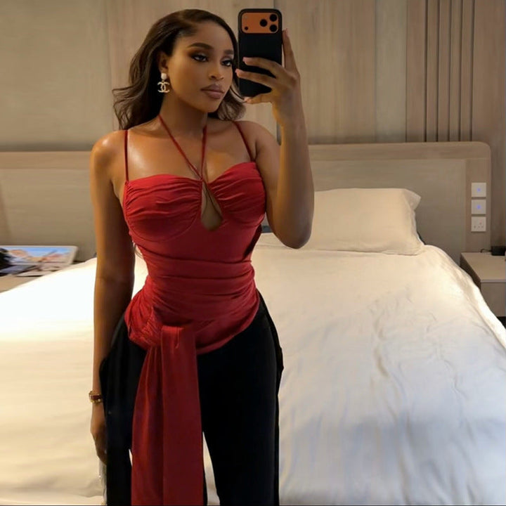 Solid Color Women Pleated Thin Strap Halterneck Sleeveless Summer Backless Wrap Top