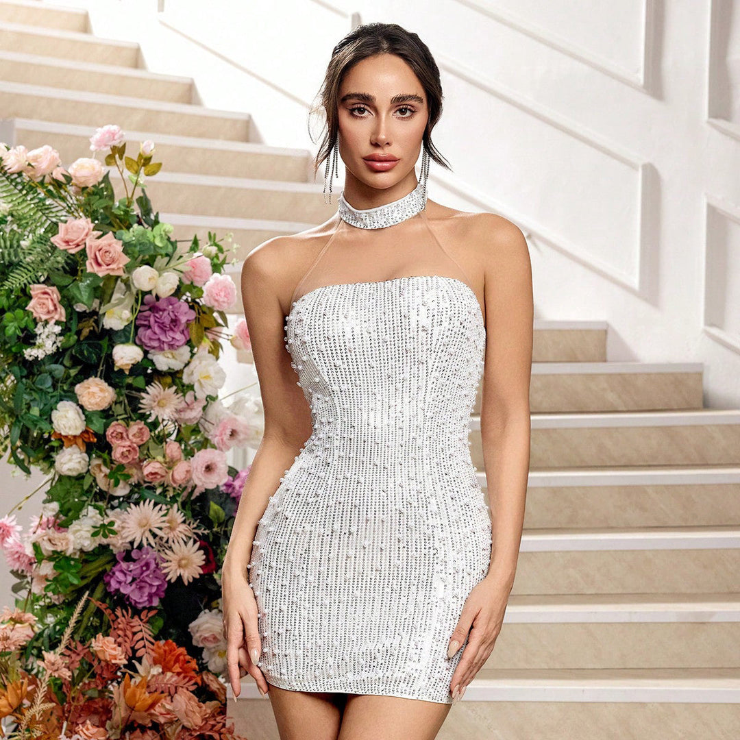Women Solid Color Sexy Chest Hollow Out Cutout Lace Evening Dress Hip Wrapped Cocktail Dress