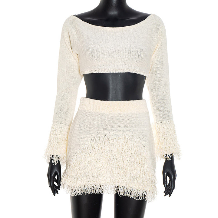 Women Clothing Autumn Sexy Long Sleeve Slim Fit Skirt Woolen Two Piece Sets