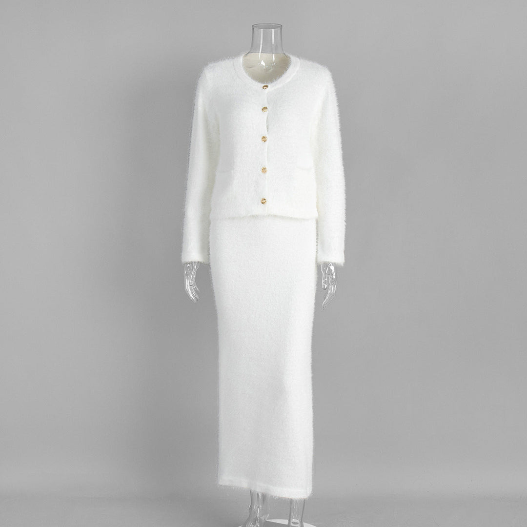 Plush Long-Sleeved Skirt Set Autumn Winter Single Breasted Cardigan Skirt Set