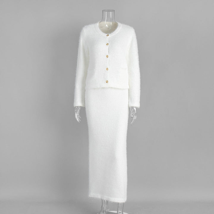 Plush Long-Sleeved Skirt Set Autumn Winter Single Breasted Cardigan Skirt Set