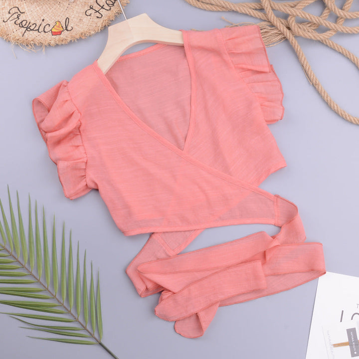 Sexy Vacation Beach Cross Cardigan Modern Avant Garde Solid Color Slubbed Fabric Women Tops