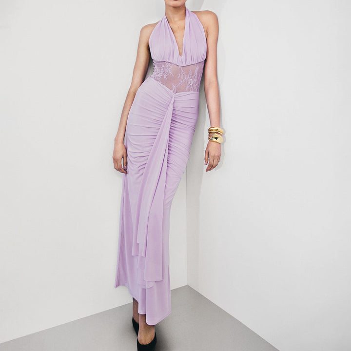Elegant Deep V Plunge Halter Waist Slimming Maxi Dress Sexy Hollow Out Cutout out Backless Ribbon Dress