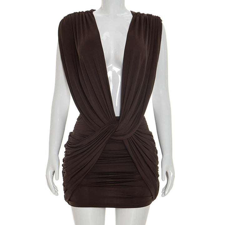 Women Clothing Summer Solid Color Casual Cross Twist Sleeveless Pleated Slim Short Dress