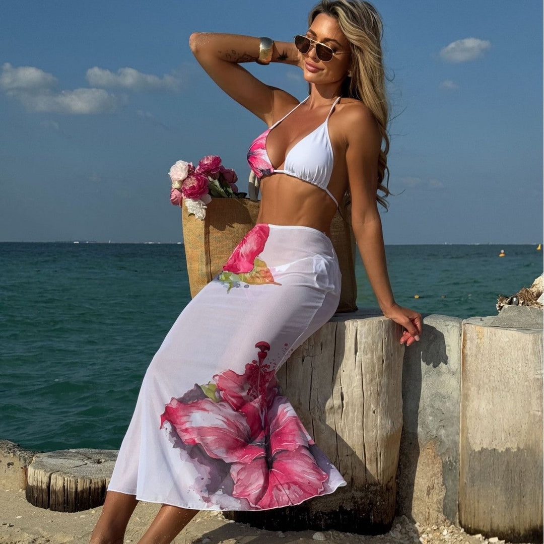Printed Large Floral Three Piece Set Mesh Maxi Dress Sexy Bikini Bikini