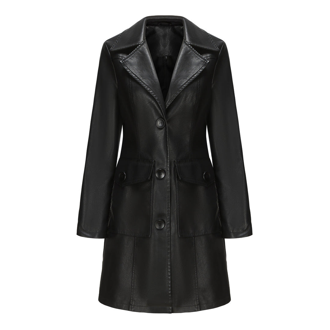 Long Leather Coat Spring Autumn Long Sleeve Leather Wind Coat British Coat Women Collared Single Breasted