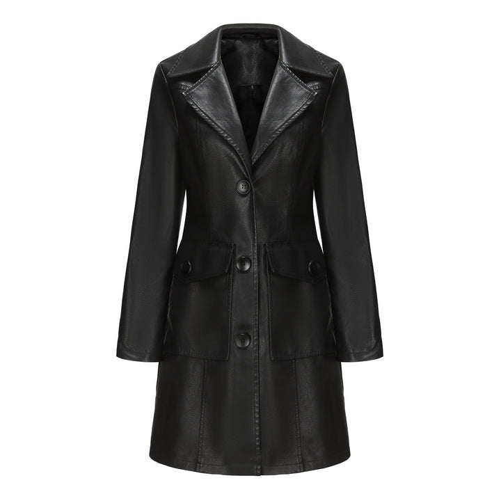 Long Leather Coat Spring Autumn Long Sleeve Leather Wind Coat British Coat Women Collared Single Breasted