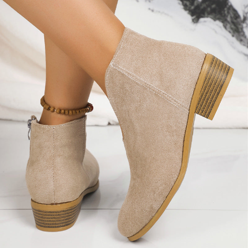 Autumn Winter Leopard Root Booties Side Zipper round Toe V Cut Suede Ankle Boots Women