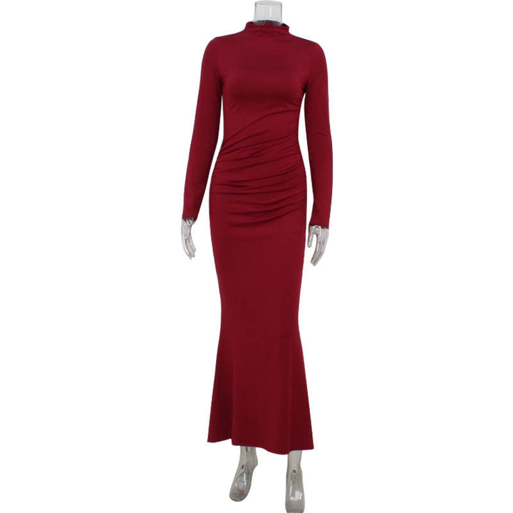 Fall Women Clothing Long Sleeve Slim Fit Solid Color Simple Fishtail Hip Base Dress