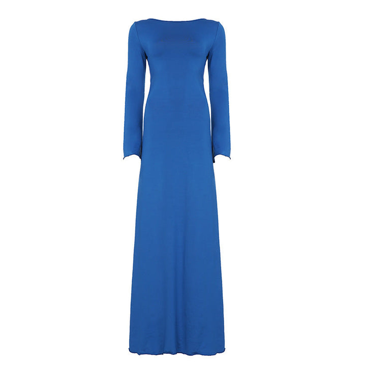 Lace up Stitched Backless Sexy Long Sleeved Dress Women Vacation Elegant Pure Maxi Dress