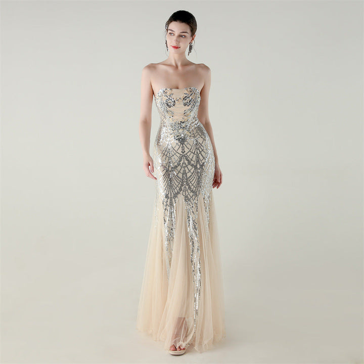 Mesh Heavy Industry Beaded Tube Floral Evening Dress Tube Top Fishtail Dress Swing Cocktail Social Socialite