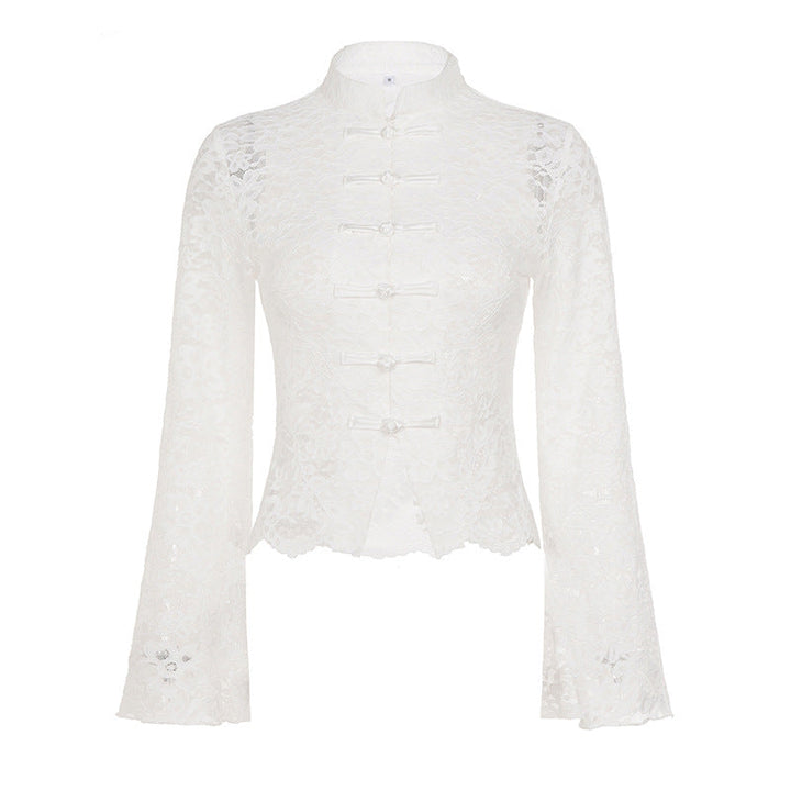 Lace Stitching See through Buckle Flare Sleeve T shirt Ruffles Slim Stand Collar Top Women
