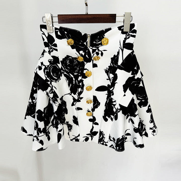 Star Tulip Waistline Rose Metal Buckle Printed Short Skirt Skirt