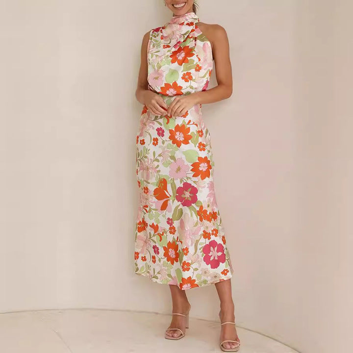 Mature Elegant Women Sleeveless Strap Printing Satin Dress