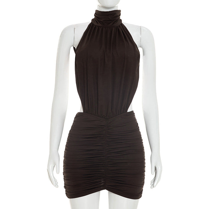 Women Clothing Summer Solid Color Small Turtleneck Sleeveless Sexy Backless Ruffle Hip Dress