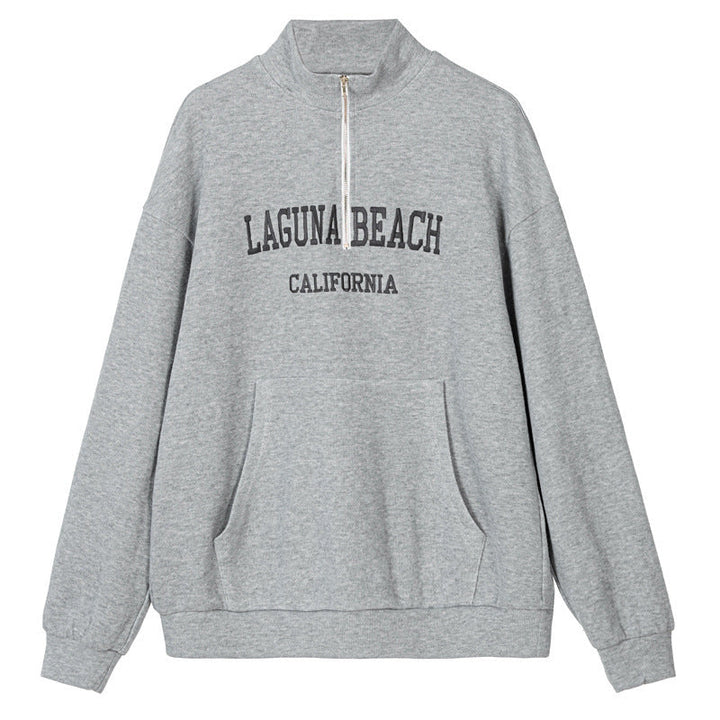Casual Spring Women Pullover Sweatshirt Letter Graphic Embroidery Zipper Pullover Baggy