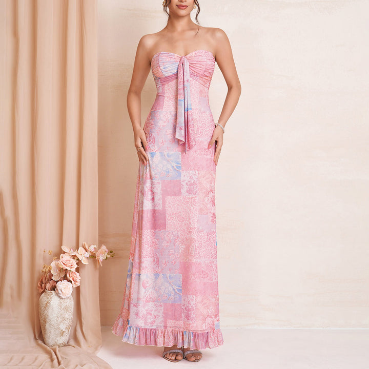 Summer Mesh Printed Dress Sexy Graceful Tube Top Lace up Backless Wooden Ear Decorative Dress