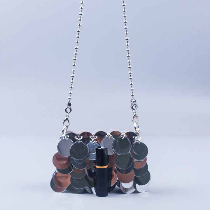 Handmade Women Woven Bag Mobile Phone Bag Chain Glitter Bling Shoulder Messenger Bag Small Bag