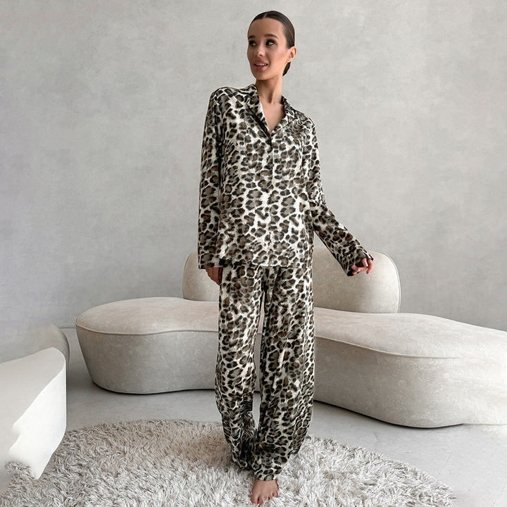 Autumn Satin Leopard Print Soft Comfortable Pajamas Long Sleeved Trousers Women Homewear