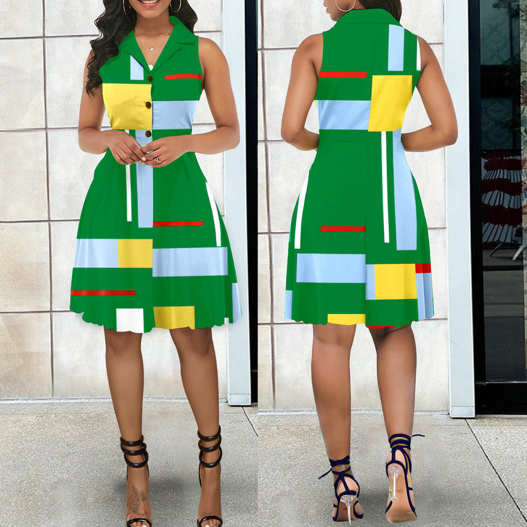 Sexy Short Dress Women Digital Print Sleeveless V Neck Elegant Dress