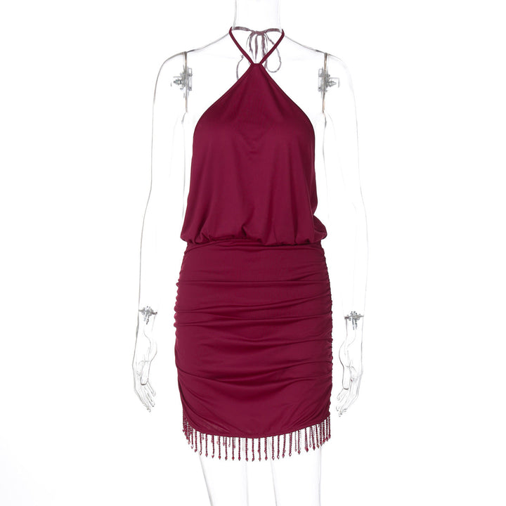 Women Clothing Autumn Lace Halter Sexy Backless Crystal Tassels Slim Fit Sheath Dress